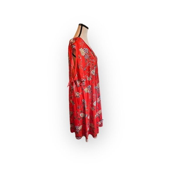 Women’s 2X Michel Studio Red Orange Wrap Front Floral Dress Short Slit Sleeve - Picture 7 of 9